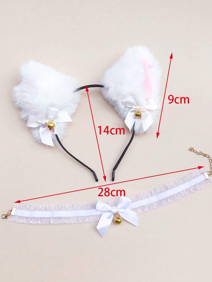 2 pièces: Oreilles + Collier Chat Blanc