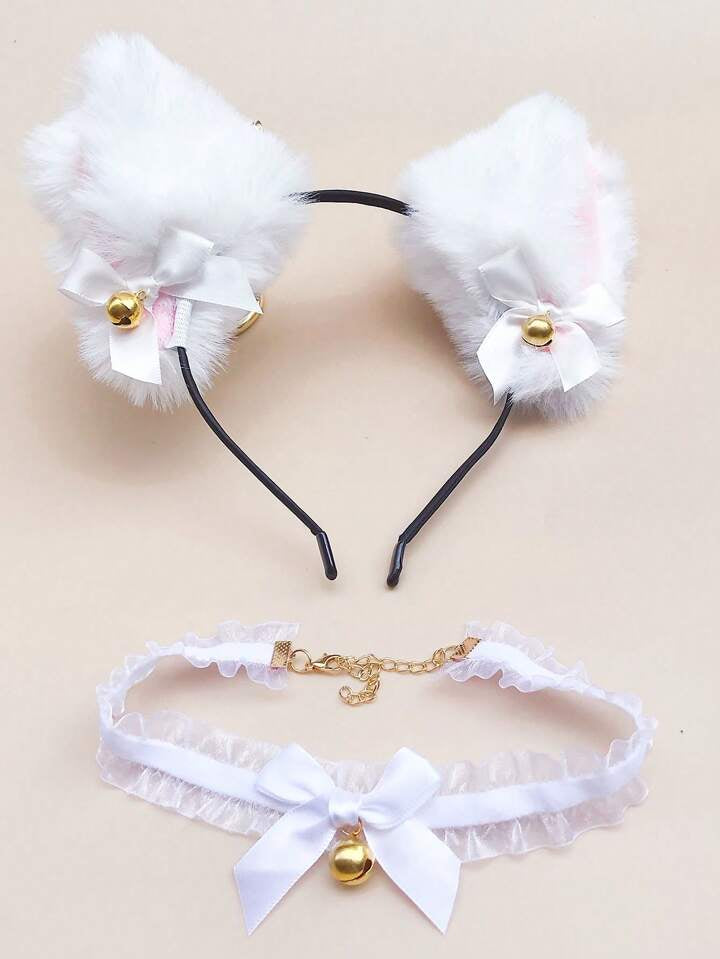 2 pièces: Oreilles + Collier Chat Blanc