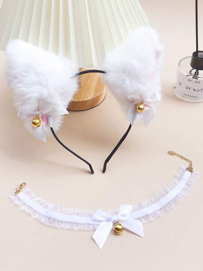 2 pièces: Oreilles + Collier Chat Blanc