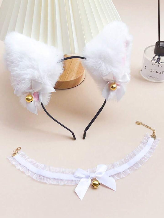 2 pièces: Oreilles + Collier Chat Blanc